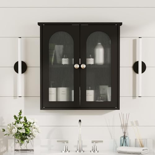Armario de medicamentos para baño de 22x23 pulgadas, armario mural con arco, almacenamiento sobre inodoro, 2 paneles de puerta acrílicos, armario negro para baño/cocina/sala de estar miniatura 7