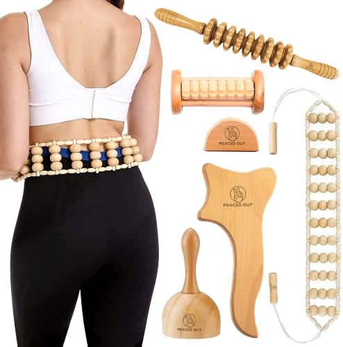 Peaced Out 5-Piece Maderoterapia Kit - Lymphatic Massager Set with Cup, Roller Stick, Gua Sha Shaper - Wood Tools for Deep Tissue & Muscle Massage, Body Shaping - Promotes Circulation & Pain Relief