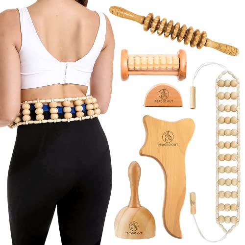 Peaced Out 5-Piece Maderoterapia Kit - Lymphatic Massager Set With Cup, Roller Stick, Gua Sha Shaper - Wood Tools For Deep Tissue & Muscle Massage, Body Shaping - Promotes Circulation & Pain Relief #TOP18