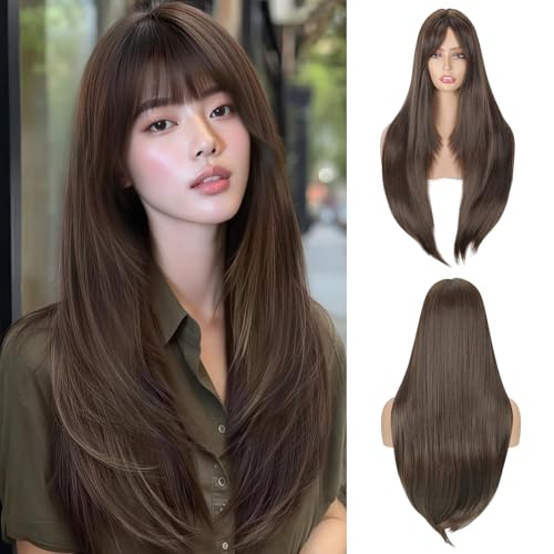 Image of Creamily Long Straight Layered Brown Wig for Women 24 Inch Synthetic Hair Full Head Wigs for Women with Bangs for Party Cosplay (Brown, 24 Inch)