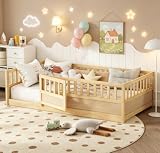 Bellemave Twin Floor Bed with Full-Length Horizontal Safety Fence and Door, Solid Pine Wood Montessori Bed for Kids Girls Boys Floor Bed Frame,Natural with slats