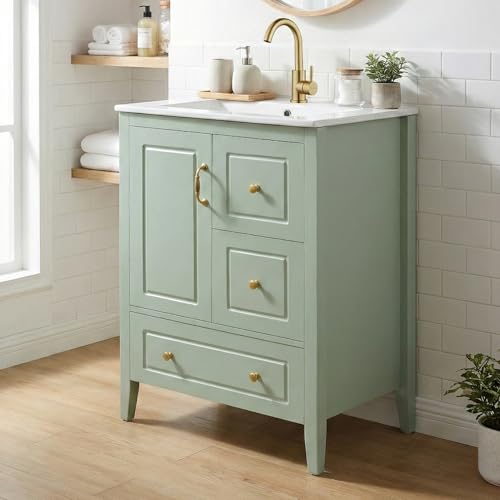 Virubi 24 in Bathroom Vanity with Sink, 3 Soft Closing Drawers, Solid Wood Bathroom Sink Cabinet with Storage, Freestanding, Green