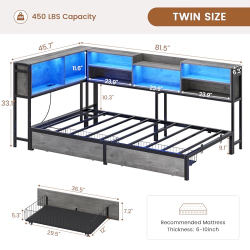Hasuit Twin Corner Bed Frame with Storage Bookcase, Twin Size Daybed with 2 Underneath Storage Drawers, Kids Bed Unit with Charging Station and LED Light, Modern Teenagers Bedframe, Black&Gray