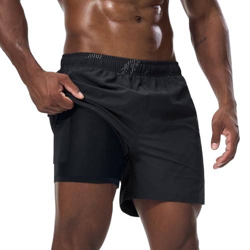 Danfiki Mens Running Shorts Gym 2 in 1 Sports Breathable Athletic Training Short Compression Liner Outdoor Workout with Pockets Black