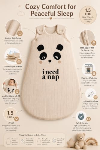 Image of TuddyBuddy Baby Cotton Wearable Quilted Sleeping Bag Blanket 1.5 Tog with 1 Way Zipper Closure | Ideal for Babies & Kids Hypoallergenic Fabrics | (Panda - I Need A Nap - Beige, 12-18 Months)