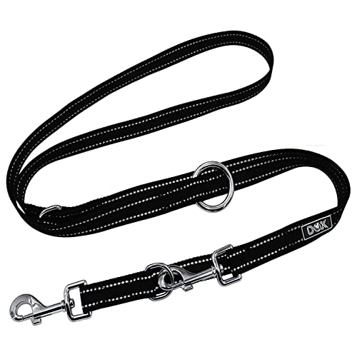 DDOXX Hundeleine Nylon, reflektierend, 3fach verstellbar, 2m | für kleine & große Hunde | Doppel-Leine Zwei Hund Katze Welpe | Schlepp-Leine | Führ-Leine | Lauf-Leine Welpen-Leine | M, Schwarz
