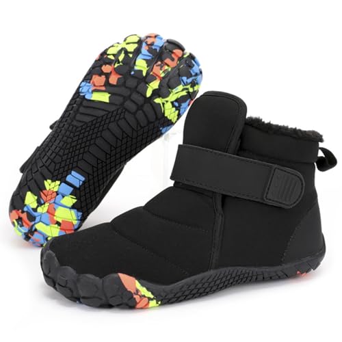 Padding Fur Snow Ankle Boots For Kids Boys Girls Comfortable Wide Toe Hoop Look Warm Lined Lug Sole Winter Barefoot Booties For Outdoor Winter