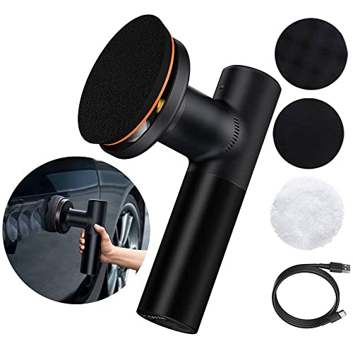 Baseus Mini Wireless Car Polishing Machine, Cordless Electric Polisher with Dual Speed Adjustment from 3300rpm/3800rpm With Flat Foam Pad, Waffle Foam Pad, Wool Pad & Type C Charging Cable – Black