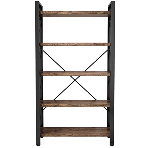 Lz-Dongman 5 Tier Bookshelf Rustic Solid Wood Industrial Style Bookcase,Metal And Real Wood Vintage Bookshelf,Book Shelves Home Office, Retro Brown,Dark Matching Credenza(Lz01-05Tier) #TOP7