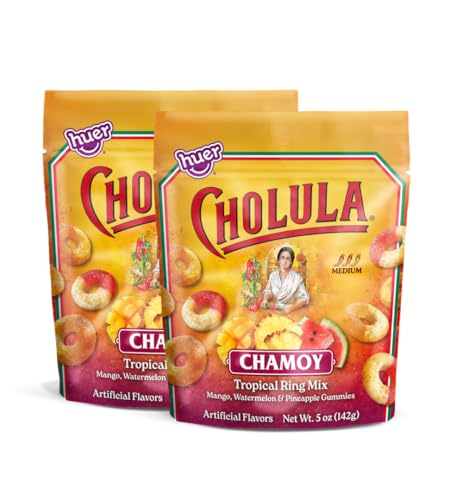 Huer – Cholula Chamoy Tropical Gummy Rings – Sweet & Spicy Mango, Watermelon & Pineapple Candy with Cholula Twist – 5oz Bag (Pack of 2)