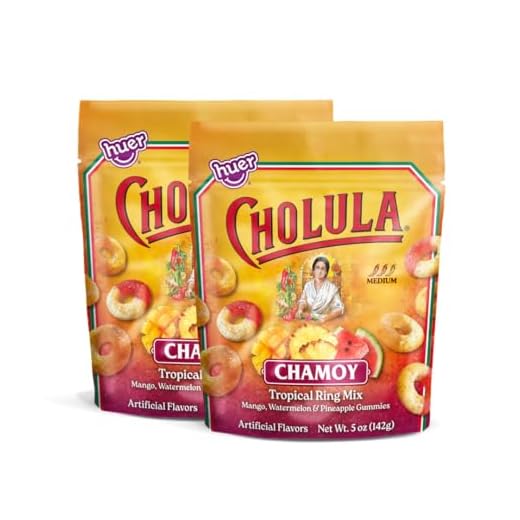 Huer – Cholula Chamoy Tropical Gummy Rings – Sweet & Spicy Mango, Watermelon & Pineapple Candy with Cholula Twist – 5oz Bag (Pack of 2)