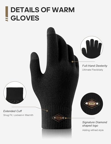 FSKP 3 Pairs Winter Gloves for Men Women Warm Knit Gloves Touch Screen Anti-Slip Gloves with Thermal Soft Knit Lining