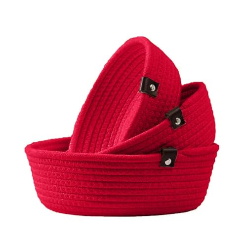 Image of Handmade Jute Cotton Storage Baskets Set of 3 for Dining Table, Fruit Basket & Roti Bowl, Cane Style Organizer for Kitchen, Home Decor, Washable Multipurpose (Red)