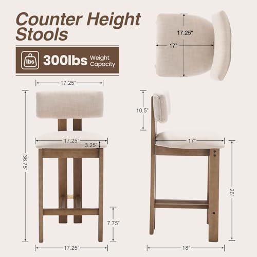 Butacos modernos de barra HNY de 26 pulgadas, juego de 2 unidades, con respaldo y tapizado en lino beige, estructura de madera natural, para isla de cocina miniatura 2