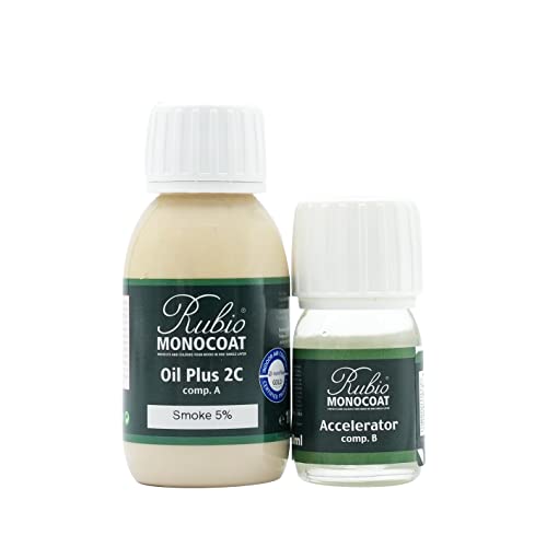Rubio Monocoat Oil Plus 2C, Aceite para Madera de Secado Rápido, Protector Ecológico, Uso en Interiores, Aceite de Linaza para Tratamiento de Madera, con Acelerador (parte B) - Smoke 5%, 130 ml