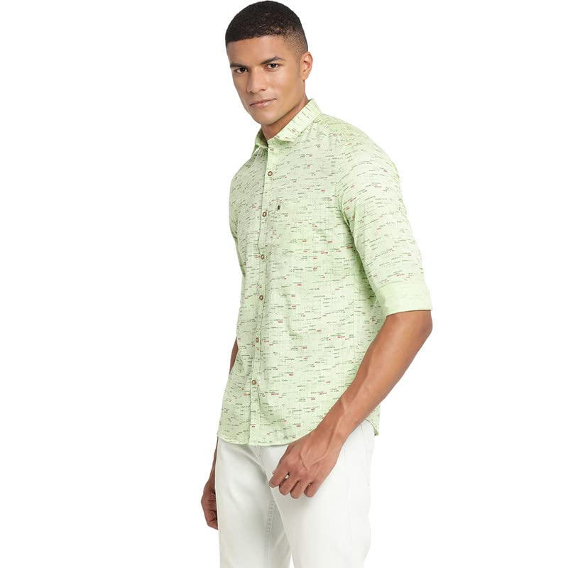 Image of Turtle Men Light Green Cotton Printed Slim Fit Casual Shirts