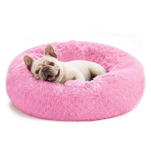 Love's cabin Calming Cat Bed for Indoor Cats, Anti-Anxiety Donut Round Dog Bed, Fluffy Faux Fur Washable Pet Bed for Small Medium Dogs and Cats, Pink, 24in