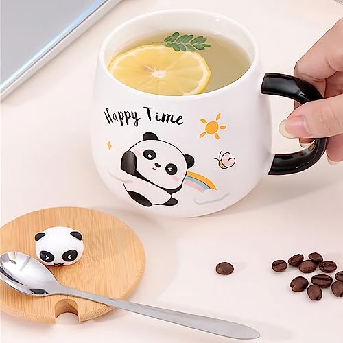 Image of BonZeal Ceramic Panda Mug Set - 4 Tea Coffee Cups With Lid and Spoon - Birthday, Christmas, New Year Gift for Kids, Friends, Secret Santa - 400 ml