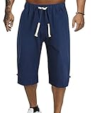  Minetom Homme Été Pantalon en Lin Lâche Capri Shorts Bermudas 3/4 Pantacourt Baggy Cargo Pants Large Cordon de Serrage B Bleu S