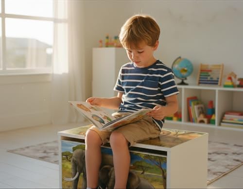 Leomark große Holzspielzeugkiste auf Rädern, Sitzbank mit Stauraum, Spielzeugkiste mit Deckel, Kinderbank – Truhenbank für Kinder, weiße Aufbewahrungsbox 91L, Maße: 71cm x40,5cm x45cm (Safari) - 3