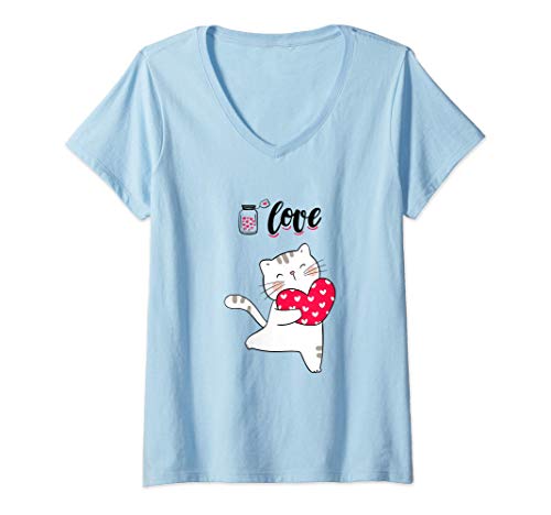 Womens LOVE - Sweet Cat Lovers T-Shirts | Valentines Day Gift V-Neck T-Shirt