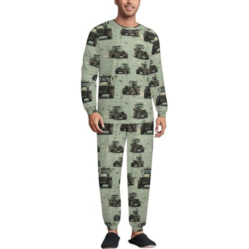Herren-Pyjama-Set mit Traktor-Print, weiche Loungewear-Pyjama-Set, langärmelig, mit Taschen, Grün, Mehrfarbig, XL