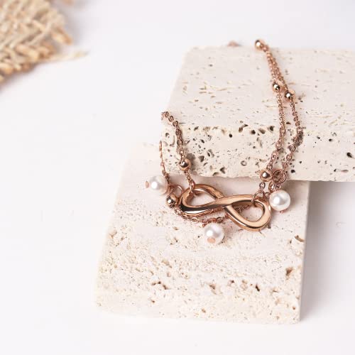 Jean Beau Rose Gold Infinity Beach Anklet Bracelet For Women Teen Girls – Boho Waterproof Double Layered Dainty Adjustable Beads Chain Charm Ankle Pearl Dangling Foot Jewelry Gift #TOP2