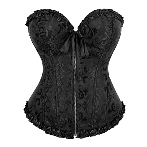 Sourcingmap Damen Korsett mit Reißverschluss, Fischstäbchen, Korsett, Jacquard, Blumenmuster, Gothic, Schwarz
