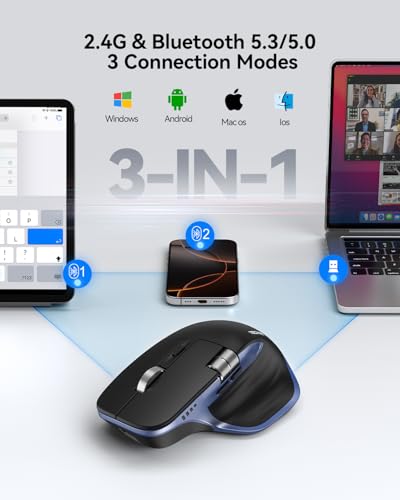 Image of TECKNET Wireless Mouse, Side Scroll Bluetooth Rechargeable, 3-Device | Switch Among 3 Devices, 6 DPI Levels (up to 4800 DPI), BT 5.3 /5.0 /2.4G USB-A, Quiet Clicks, 7 Buttons, Black & Blue