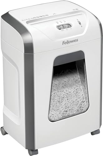 Fellowes Aktenvernichter, Papierschredder für 12 Blatt Partikelschnitt, Aktenvernichter P4, Schredder für Büro und Homeoffice, Powershred FS-12C, mit 19L Papierkorb, verarbeitet Kreditkarten, Weiß