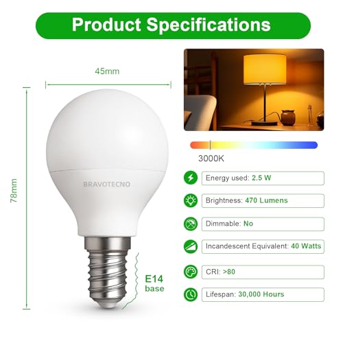 bravotecno E14 LED Glühbirne, Energieklasse B E14 LED Warmweiss, 3000K 2.5W 470LM G45/P45 Warmweiß Leuchtmittel Entspricht 40W… – Ansicht 2