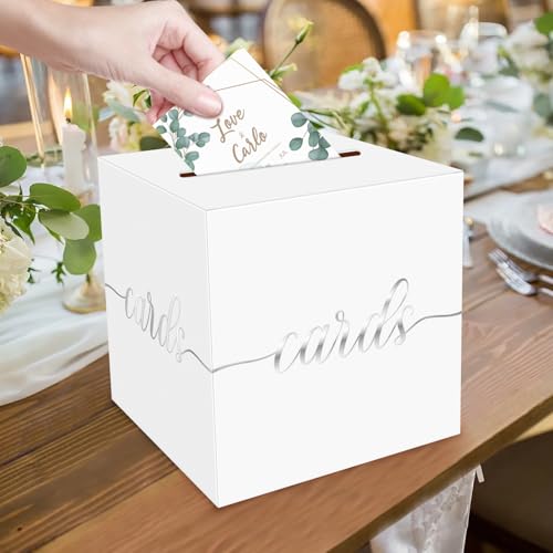 Image of 1 Pack White and Silver Foil Card Box for Party, 8.7 inch White Gift Card Box for Birthday, Wedding, Baby Shower, Retirement, Anniversary, Graduation, Raffle Ticket