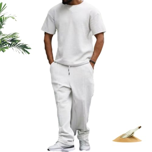 Mens Casual Solid Color Two Piece Suit, Waffle Round Neck Short Sleeve Top and Athletic Drawstring Jogging Pant with Pockets - Main Image