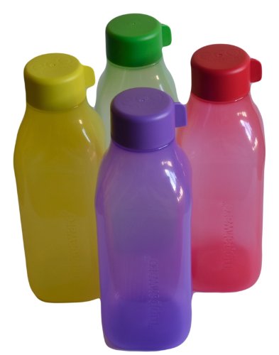 Tupperware Square Plastic Water Bottle Set, 1 Litre, 4-Pieces, Assorted