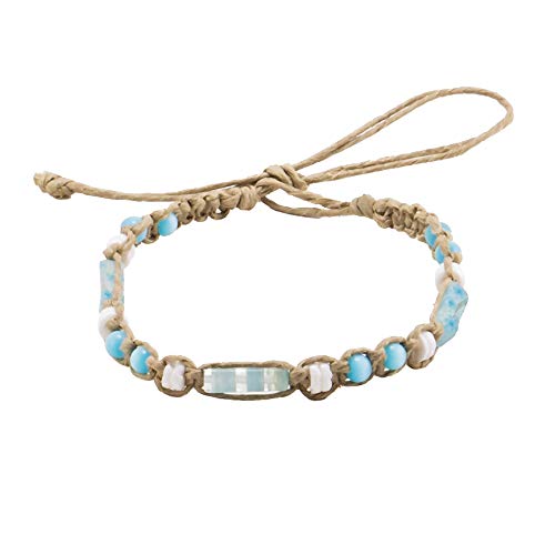 BlueRica Hemp Anklet Bracelet with Puka Shell Beads, Blue Cat's Eye Beads & Glass Tubes