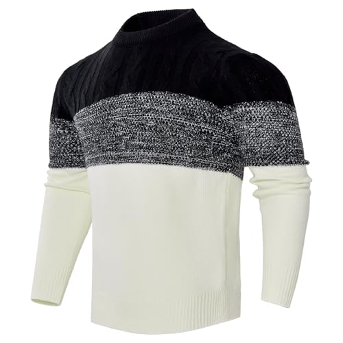 ACM- Men's Casual Color Block Long Sleeve Cable Knit Pullover Sweater