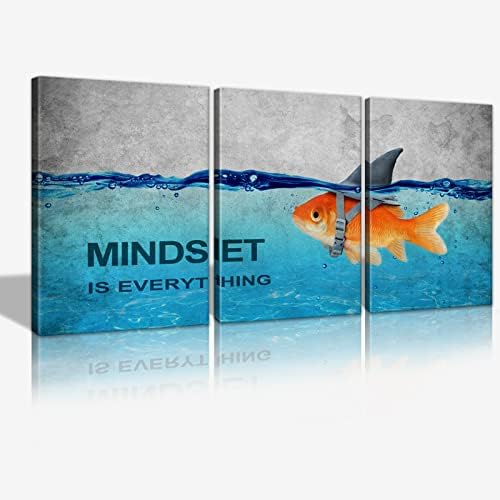 KAWAHONE 3 Panels Modern Framed Inspirational Quote Canvas Wall Art-Mindset is Everything Goldfish Strong Shark Motivational Posters Framed, Bathroom Bedroom Office Decor Framed Ready to Hang