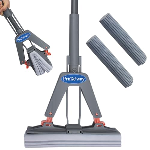 Image of Primeway PVA Self Squeeze Butterfly Floor Cleaning Mop | 28cm Extremely Absorbent Sponge | Pack of 2 Extra Refills | 124cm Long Iron Coated Handle | Self-Wringer | Grey