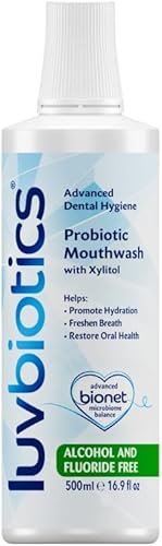 Luv Biotics Enjuague bucal sin alcohol y flúor con probióticos orales, xilitol para aliento fresco, salud de las encías y soporte para microbiomas