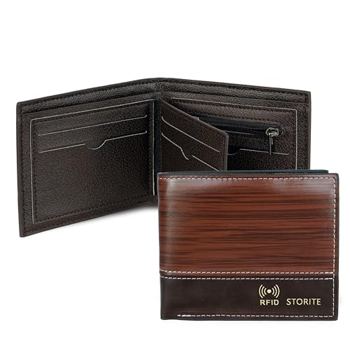 Image of Storite Men's Leather RFID Blocking Bifold Wallet - Slim Purse for Gents with Multiple Card Slots, Coin Pocket & ID Window - Gift for Men - D Wooden (11.5 x 2 x 9.5 cm)