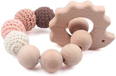 Baby Teether Bracelet Toddler Teething Waldorf Maple Natural Wood Ring Chewing Beads Shower Gift, Hedgehog Orange Charms