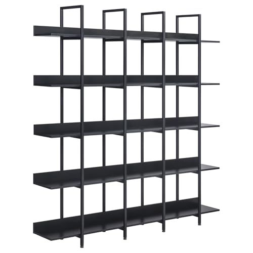 5 Tier Bookcase Home Office Open Bookshelf, Vintage Industrial Style Shelf with Metal Frame, MDF Board(Black)