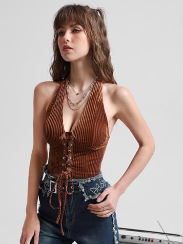 Verdusa Women's Going Out Halter Corset Tops Sleeveless Lace Up Open Back Crop Top4