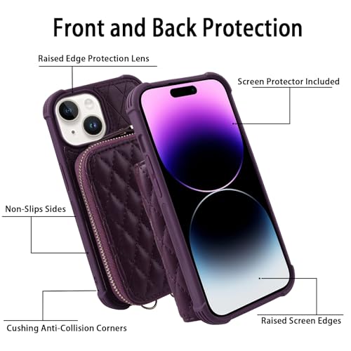 Image of MONASAY Zipper Wallet Case Compatible for iPhone 15 Plus /14 Plus,[Screen Protector][RFID Blocking] Flip Leather Handbag Phone Cover with Card Holder and Crossbody Lanyard Strap, Purple