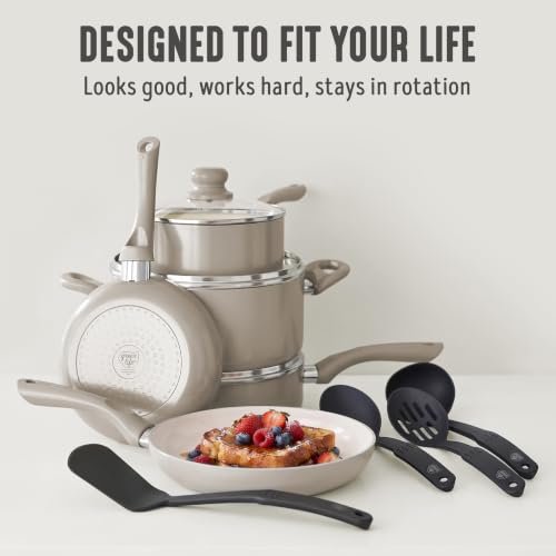 Image of GreenLife 16-Piece Nonstick Cookware Set, Non-Toxic Ceramic Pots and Pans Set, Durable Healthy Kitchen Essentials, Fast Heating, Induction Ready, Easy Clean Dishwasher Safe, PFAS-Free, Beige Taupe