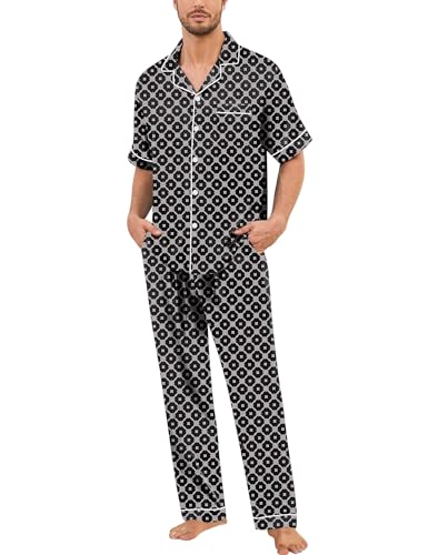 Image of SWOMOG Mens Silk Pajamas Set Satin Pj Set Short Sleeve Sleepwear Button Down Lounge Set with Drawstring & Pockets S-3XL