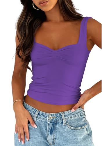 OOHOKAY Women's Vest Top Sweetheart Neckline Sexy Pleated Bustier Y2K Summer Sleeveless T-Shirt Casual Low Cut Cami Streetwear XS-XXL(Purple-o3,L)