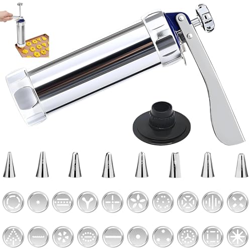 JIUCHAOTONG Gebäckpresse Spritzgebäck Gebäckpresse Edelstahl Gadgets Zum Keksbacken Spritzgebäck Maschine mit 20 Aufsätzen und 8 Edelstahl-Düsen für Herstellung von Kuchen Keksen und Churros