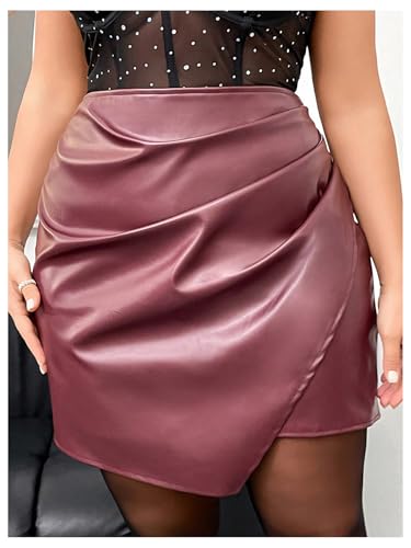 MakeMeChic Women's Plus Size Faux PU Leather Mini Skirt Elastic High Waisted Asymmetrical Workwear Short Skirt2