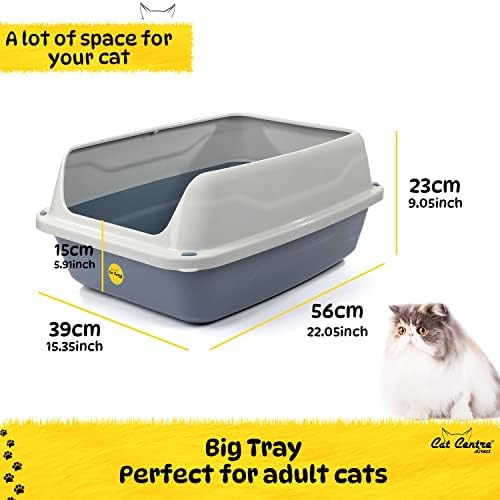 CAT CENTRE Big Open Cat Litter Tray Box Grey Pan 56cm Plastic Large Toilet Extra Deep Anti-Spillage Non-Leaking Kittens Cats Loo Detachable Extra High Rim Rounded Corners Easy Access Safe Durable